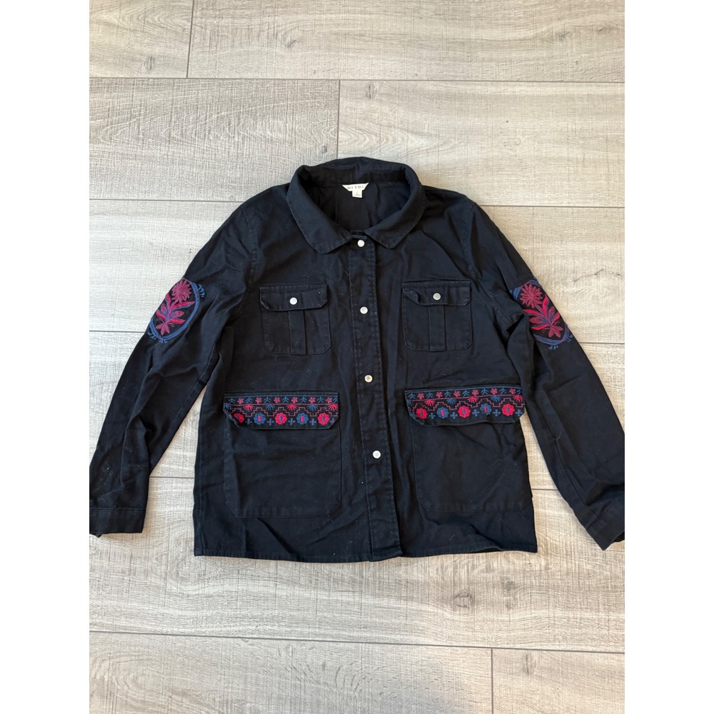 Black‎ Cotton Embroidered Jacket Floral Boho Utility Shacket Festival Style